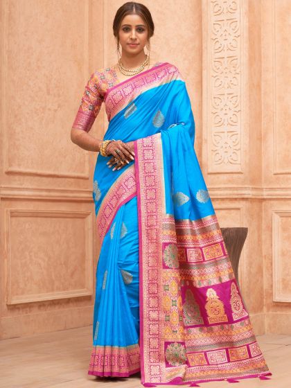 Blue Woven Traditional Saree In Silk