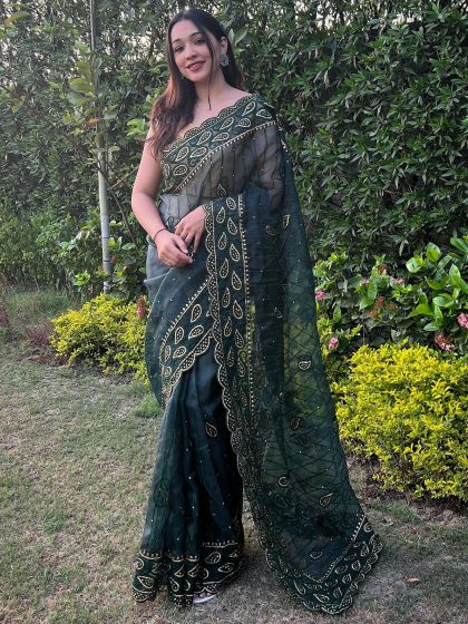 Green Thread Embroidered Saree In Organza