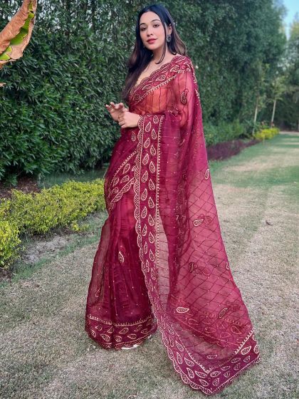Maroon Embroidered Festive Saree In Organza