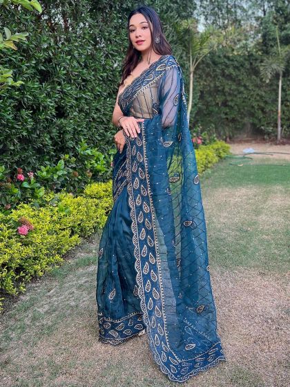 Blue Embroidered Wedding Wear Saree In Organza