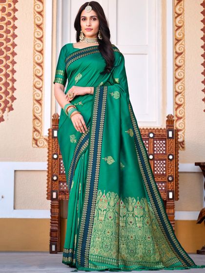 Green Woven Wedding Wear Saree In Silk