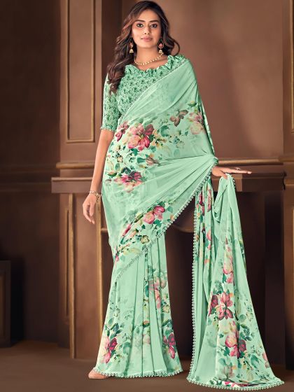 Green Georgette Saree With Digital Prints