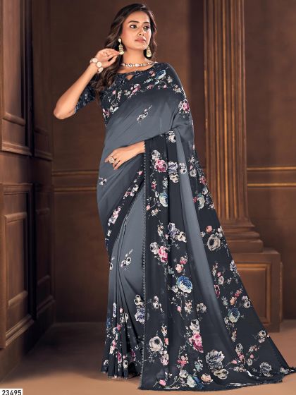 Grey Digital Printed Casual Saree In Georgette