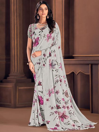 Grey Floral Casual Wear Saree In Georgette