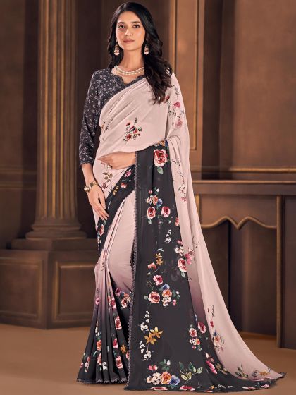Pink And Grey Printed Saree In Georgette