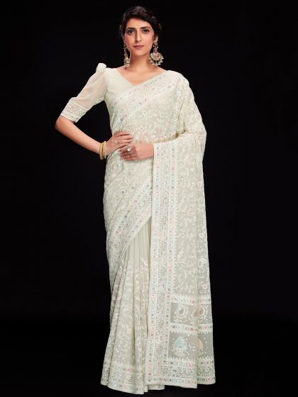 White Chikankari Embroidered Sari In Georgette