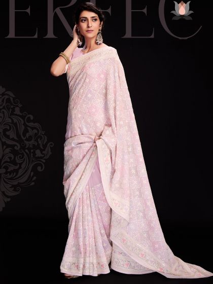 Pink Georgette Sari With Chikankari Work
