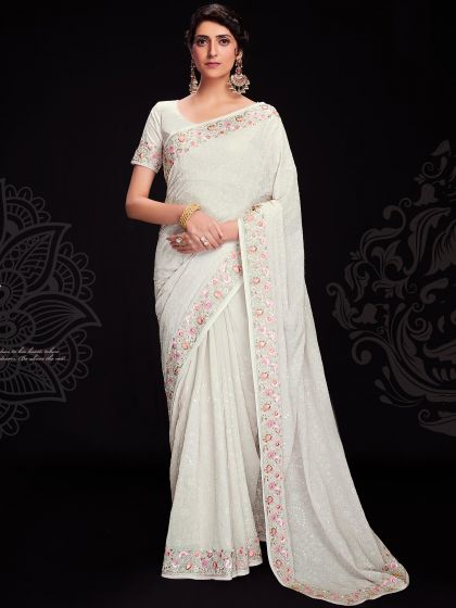 White Embroidered Border Saree In Georgette