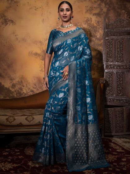 Blue Woven Cotton Saree With Blouse
