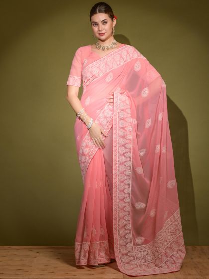 Peach Georgette Sari With Embroidered Border