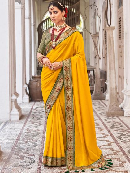 Yellow Art Silk Sari With Woven Border