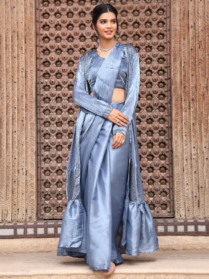 Blue Jacket Style Bridesmaid Saree In Satin