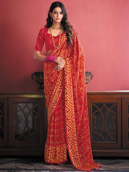 Red Casual Georgette Saree With Floral Prints