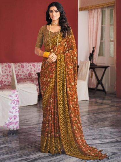 Brown Digital Printed Saree In Georgette
