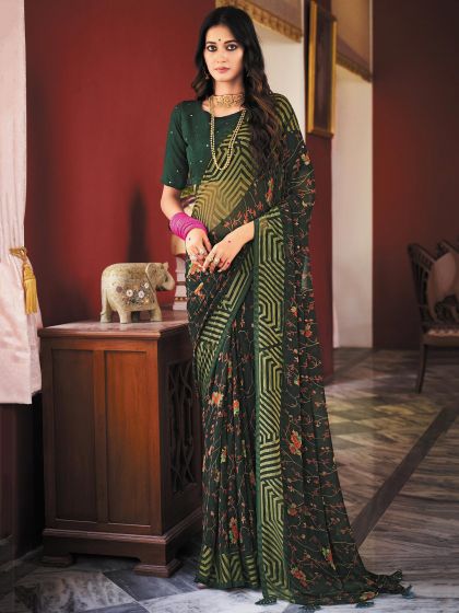 Green Casual Georgette Indian Saree With Floral Prints