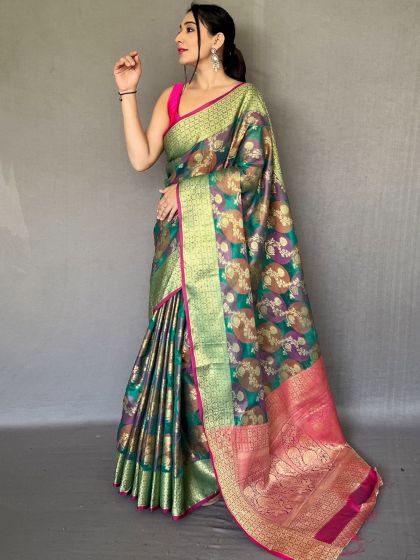 Green Zari Woven Sari In Organza