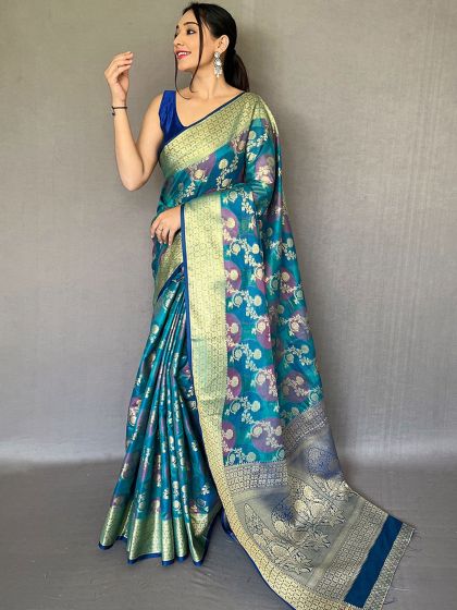 Blue Organza Sari With Woven Borders