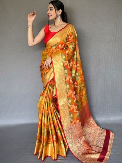 Yellow Woven Festive Indian Saree In Organza