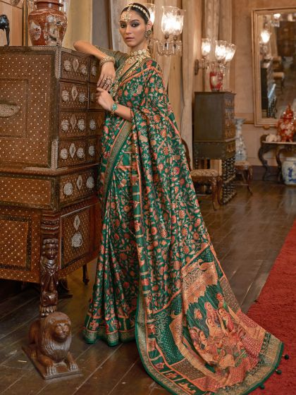 Green Floral Printed Traditional Sari In Silk