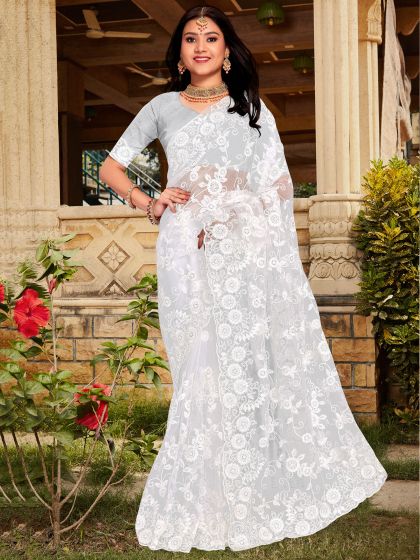 White Party Wear Saree With Stone Work