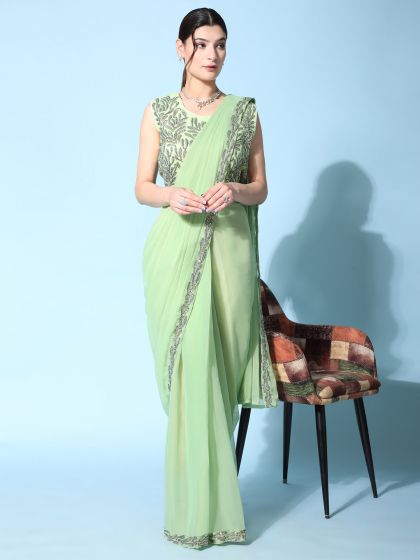 Green Pre-Stitched Jacketed Sari In Organza
