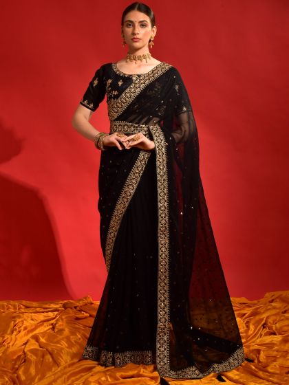Black Sequins Embellished Saree In Georgette