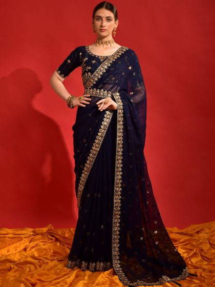 Blue Embroidered Border Georgette Saree