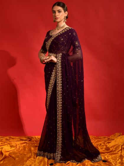 Purple Georgette Saree With Sequins Work