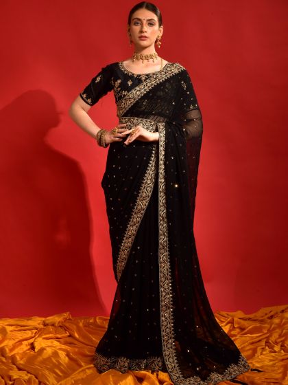 Black Embroidered Border Sari In Georgette