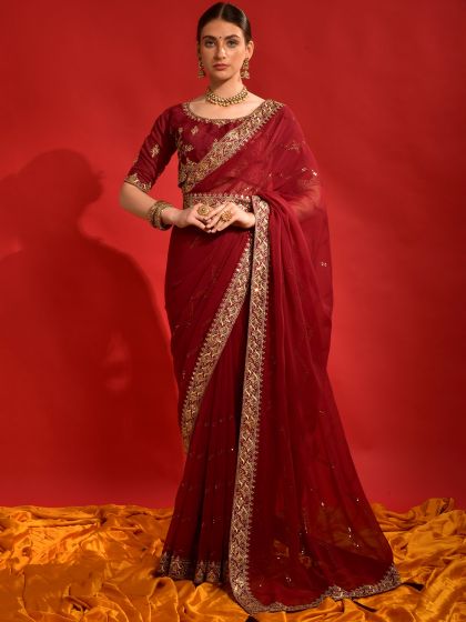 Red Wedding Wear Embroidered Saree