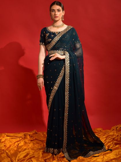 Blue Zari Embroidered Party Wear Saree