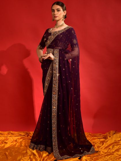 Purple Party Wear Georgette Sari With Embroidery
