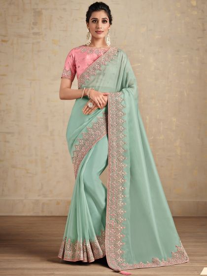 Blue Zari Work Organza Sari With Blouse