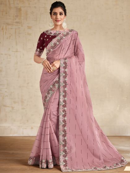 Pink Heavy Border Saree In Organza