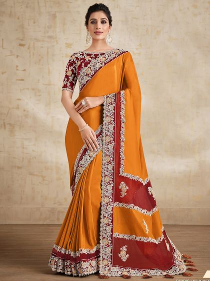 Yellow Embroidered Border Saree In Georgette