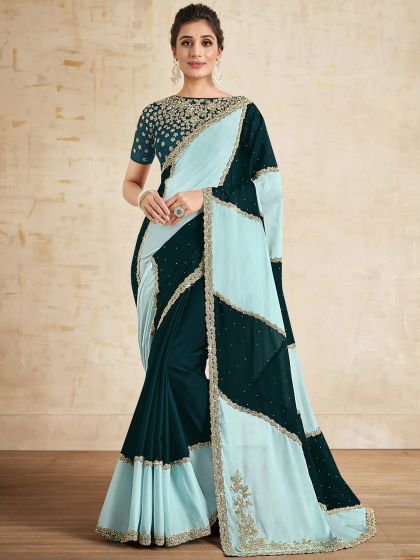 Green And Blue Stone Embellished Sari In Georgette