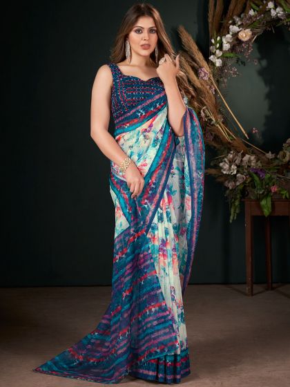 White Digital Printed Saree In Art Silk