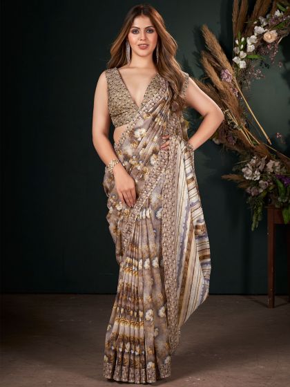 Brown Party Wear Saree With Floral Prints