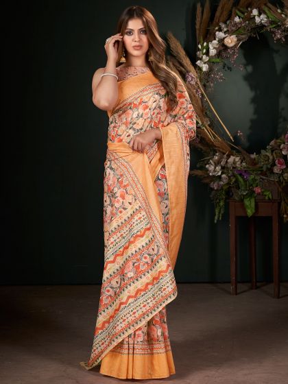 Orange Floral Printed Party Wear Saree