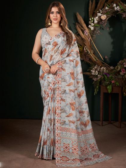 Grey Printed Indian Saree In Art Silk