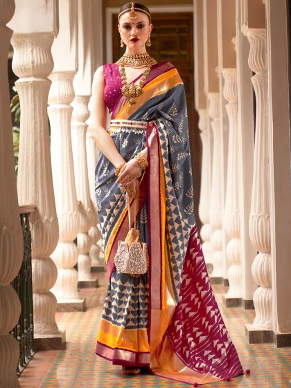 Grey Patola Traditional Sari In Silk