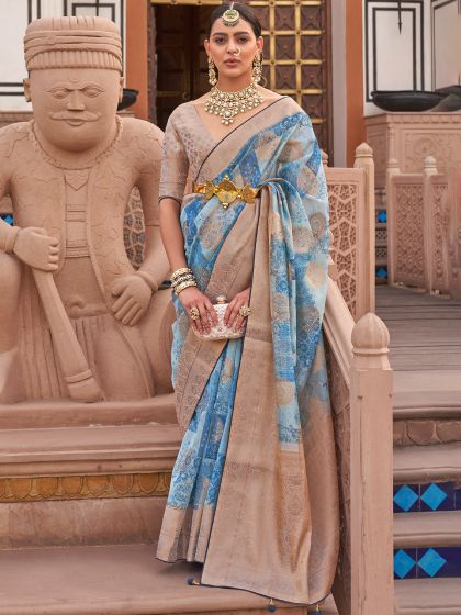Blue Festival Organza Sari With Digital Prints