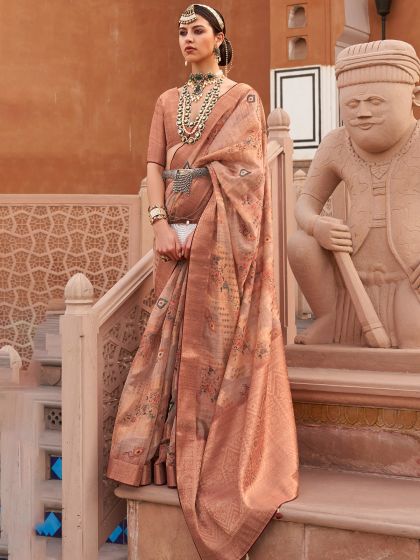 Beige Wedding Wear Woven Saree In Organza