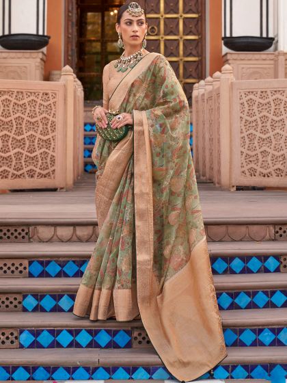 Green Digital Printed Party Wear Organza Sari