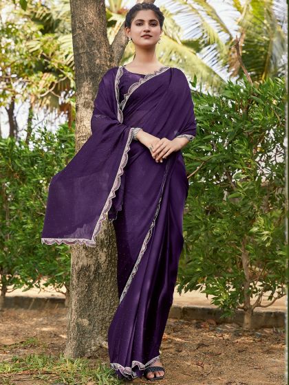 Purple Party Wear Chiffon Saree With Blouse
