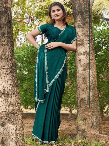 Green Chiffon Saree With Stone Work