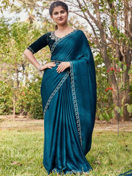 Blue Chiffon Stone Embellished Saree With Blouse