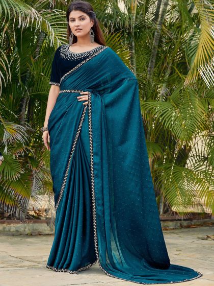 Blue Stone Border Saree With Blouse
