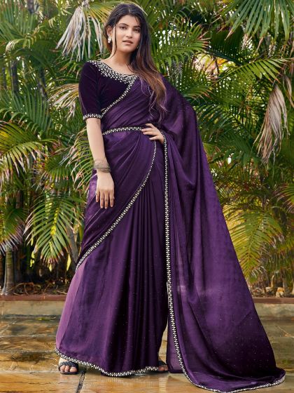 Purple Stone Work Saree With Designer Blouse 