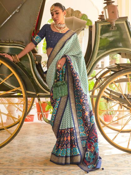 Blue And White Silk Saree With Woven Borders